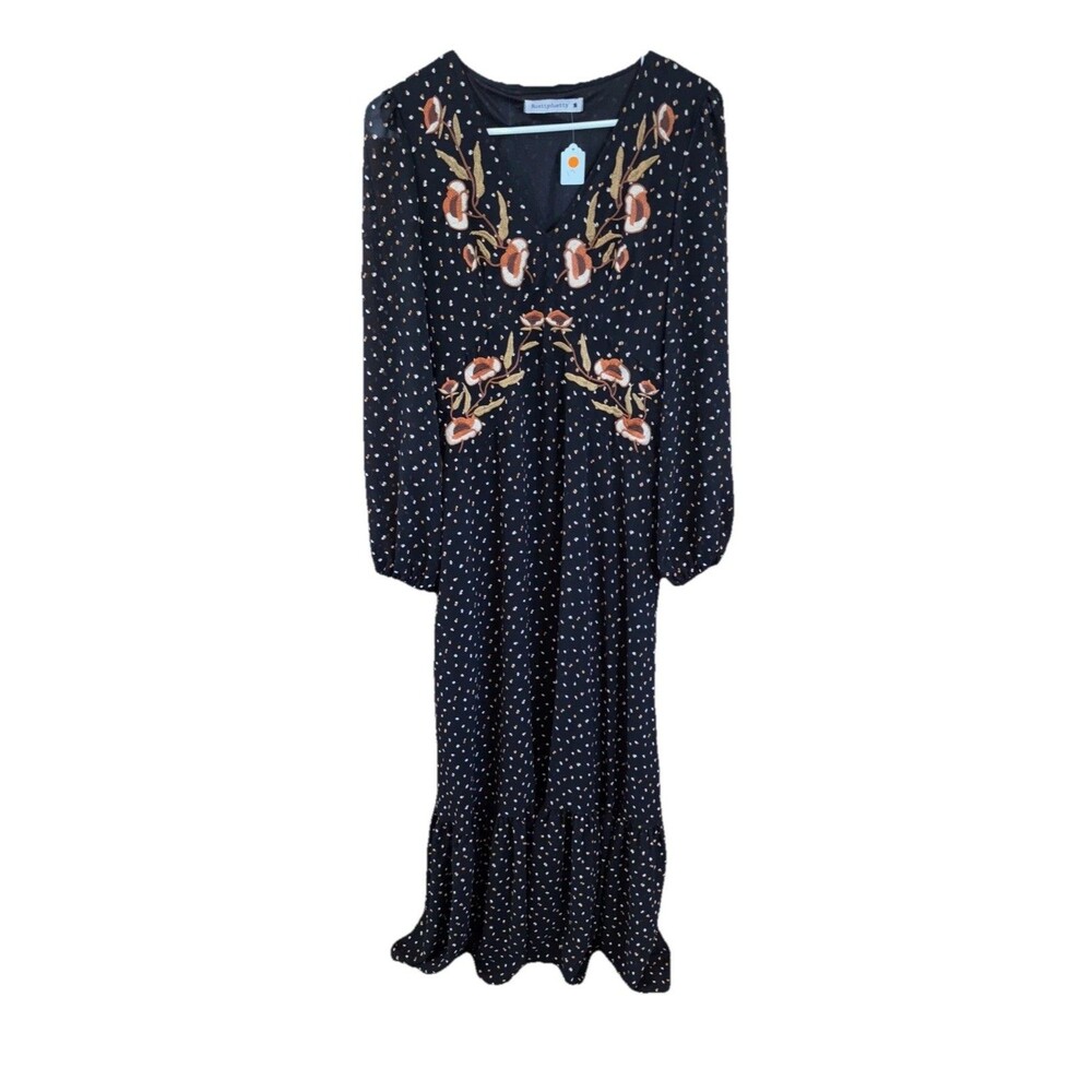 Rusttydustty Embroidered V Neck Long Sleeve Dress Lined Boho M 18x56” Black